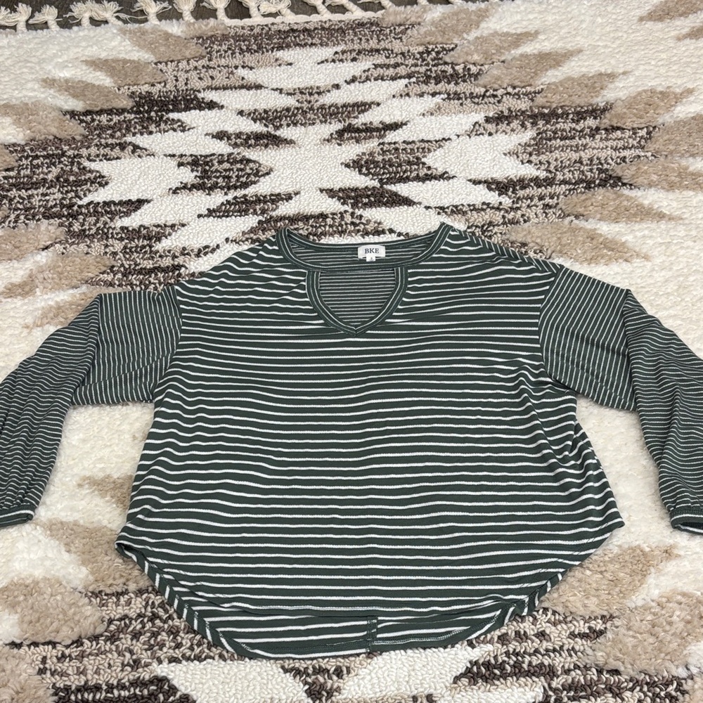 BKE Green and White Striped Long Sleeve Top